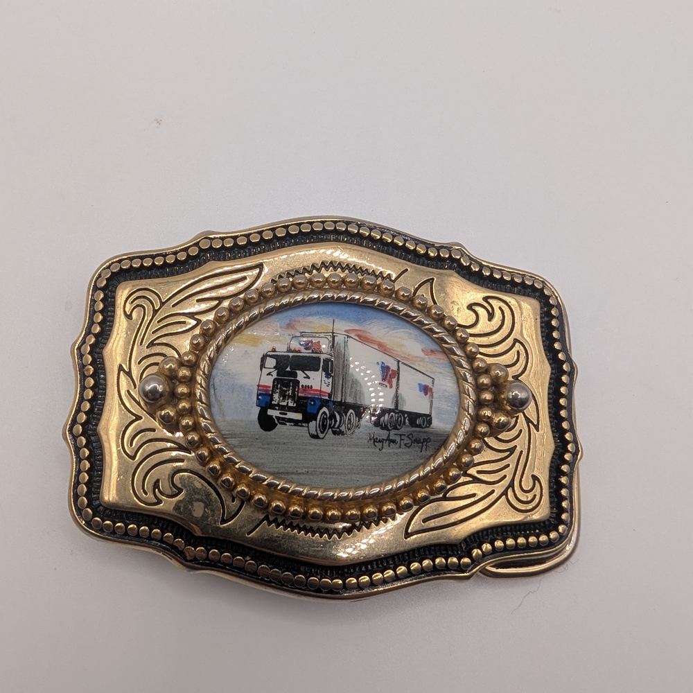 Vintage Mary Ann T. Snapp Signed Belt Buckle Western Cowboy Cowgirl Semi Truck
